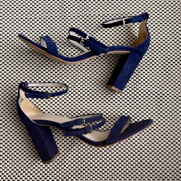Nine West Shoes - Nine West Amadio Blue Suede Open Toe Ankle Strap Block Heels Womens Shoes Sz 7.5